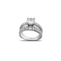 Women's 925 Sterling Silver Solitaire Ring With Zircon Stone Double Row Design - Thumbnail