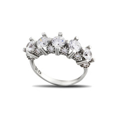 Women's 925 Sterling Silver Starlight Diamond Montur Heart Design Five Stone Ring - Thumbnail