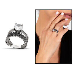 Women's Black Zirconia Crown 925 Sterling Silver Solitaire Ring - 6