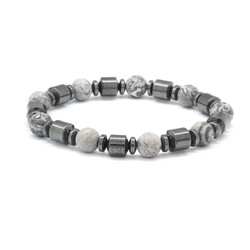 Women's Bracelet Made Of A Combined Natural Stone And Moire, Jasper And Hematite With A Spherical Cut - Thumbnail