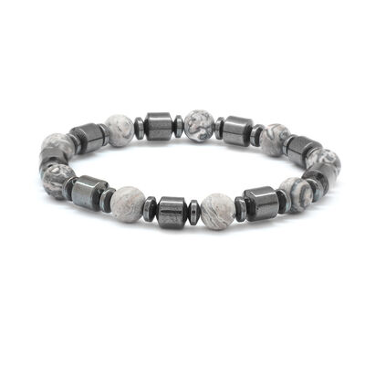 Women's Bracelet Made Of A Combined Natural Stone And Moire, Jasper And Hematite With A Spherical Cut