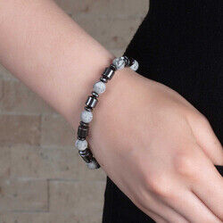 Women's Bracelet Made Of A Combined Natural Stone And Moire, Jasper And Hematite With A Spherical Cut