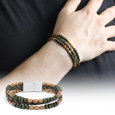 Wooden Stone Yellow-Green Color Leather Wooden Men's Bracelet