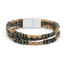 Wooden Stone Yellow-Green Color Leather Wooden Men's Bracelet - Thumbnail