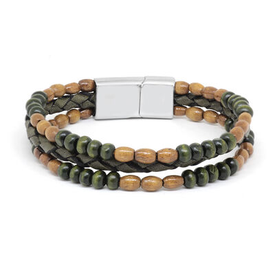 Wooden Stone Yellow-Green Color Leather Wooden Men's Bracelet