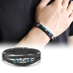 Wooden Three-Row Black Combined Men's Leather And Steel Bracelet With Beads - Thumbnail