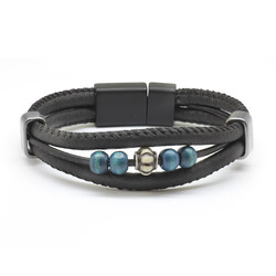 Wooden Three-Row Black Combined Men's Leather And Steel Bracelet With Beads - Thumbnail