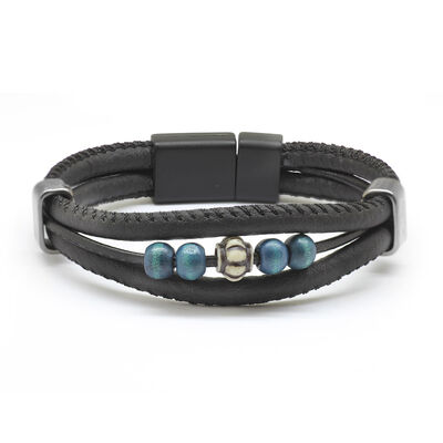 Wooden Three-Row Black Combined Men's Leather And Steel Bracelet With Beads