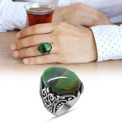 Yeşil Kaplangözü Taşli Ferforje Tasarim 925 Ayar Gümüş Erkek Yüzük - Thumbnail