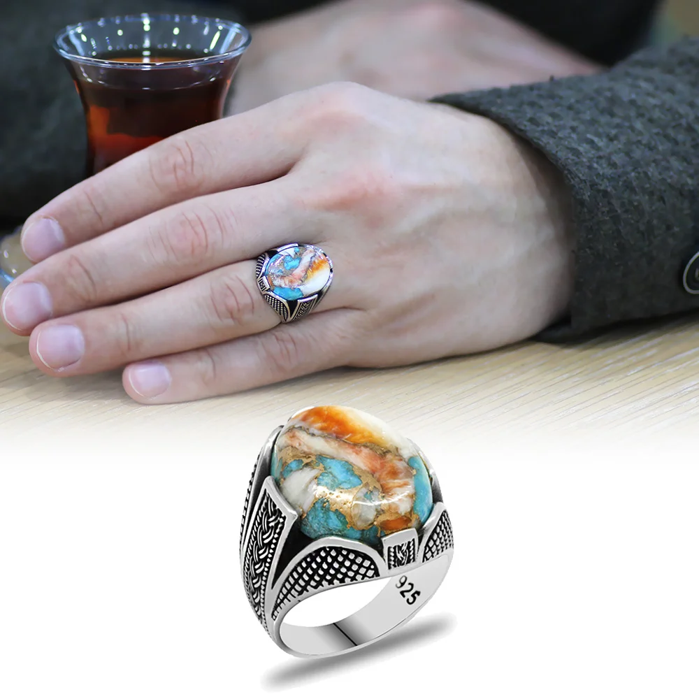 خاتم الرجال لديه تصميم المرجان ستون باغان الفضة الاسترليني925 - 1