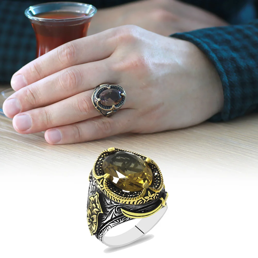 خاتم رجالي من الفضة الإسترليني عيار 925 بقصّة وجه من حجر الزلتانيت - 1