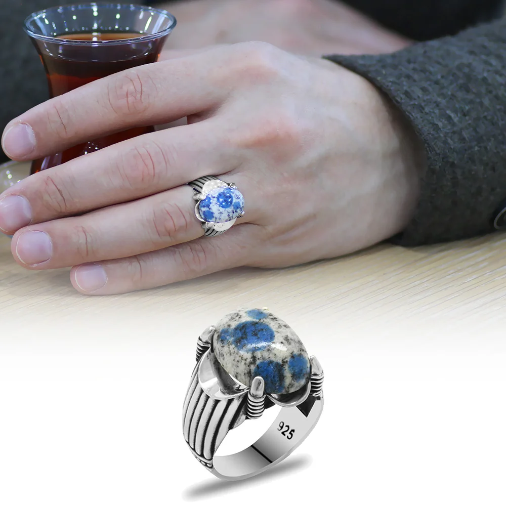 Has Blue-White Coral Stone Claw Design 925 Sterling Silver Men's Ring Rings with Tesbihane