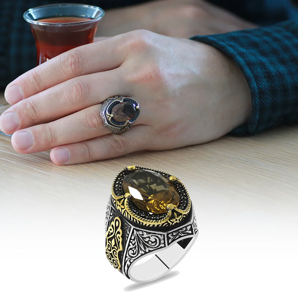 خاتم رجالي من الفضة الإسترليني عيار 925 بتصميم قوطي من حجر الزلتيت - 1