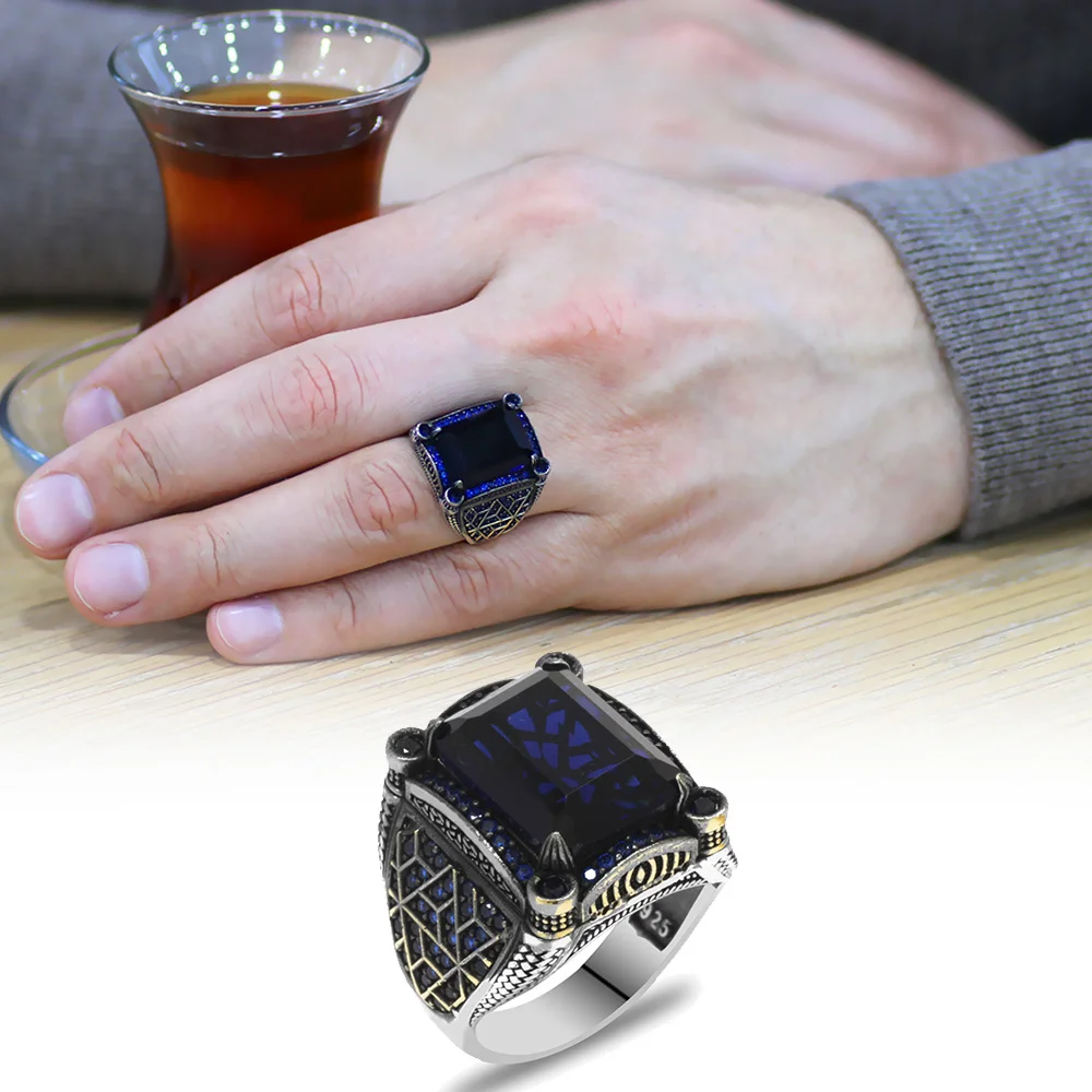 خاتم الفضة الاسترليني925 للرجال قطع الفرنسي حجر الزركون الأزرق تصميم هندسي - 2