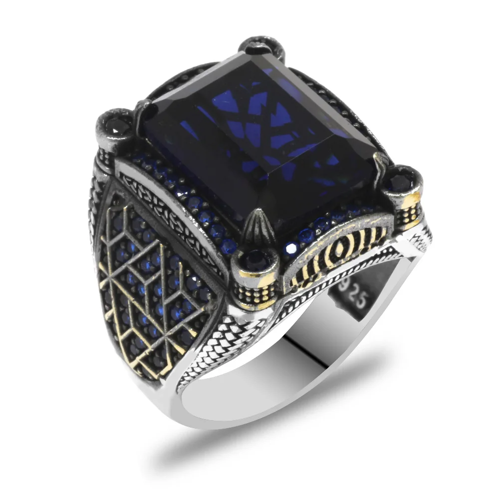 خاتم الفضة الاسترليني925 للرجال قطع الفرنسي حجر الزركون الأزرق تصميم هندسي - 3