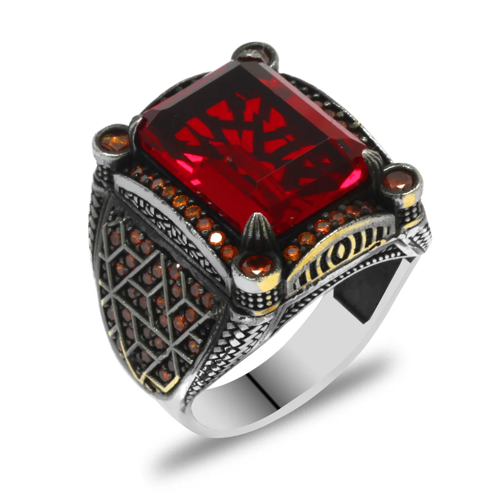 خاتم الفضة الاسترليني925 للرجال قطع الرغيف الفرنسي حجر الزركون الأحمر تصميم هندسي - 3