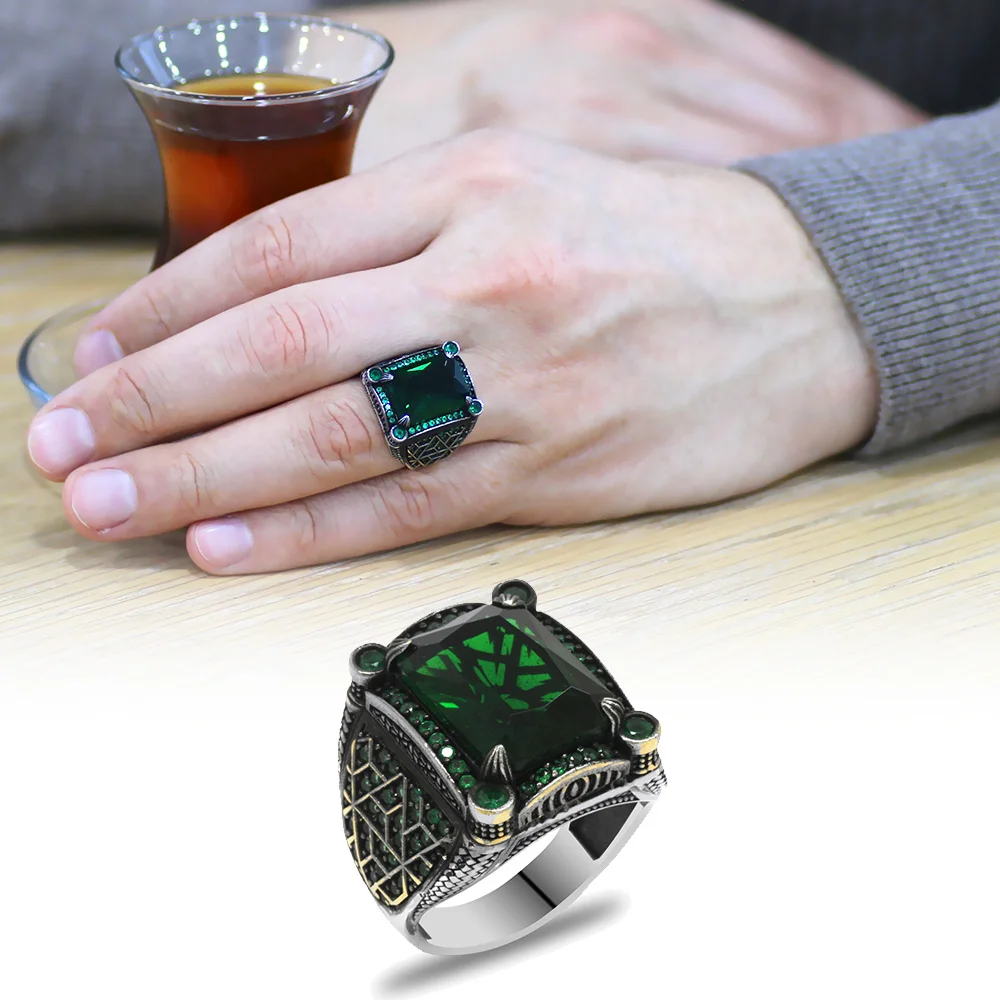  خاتم الفضة الاسترليني925 للرجال حجر الزركون الأخضر الفرنسي تصميم هندسي - 1