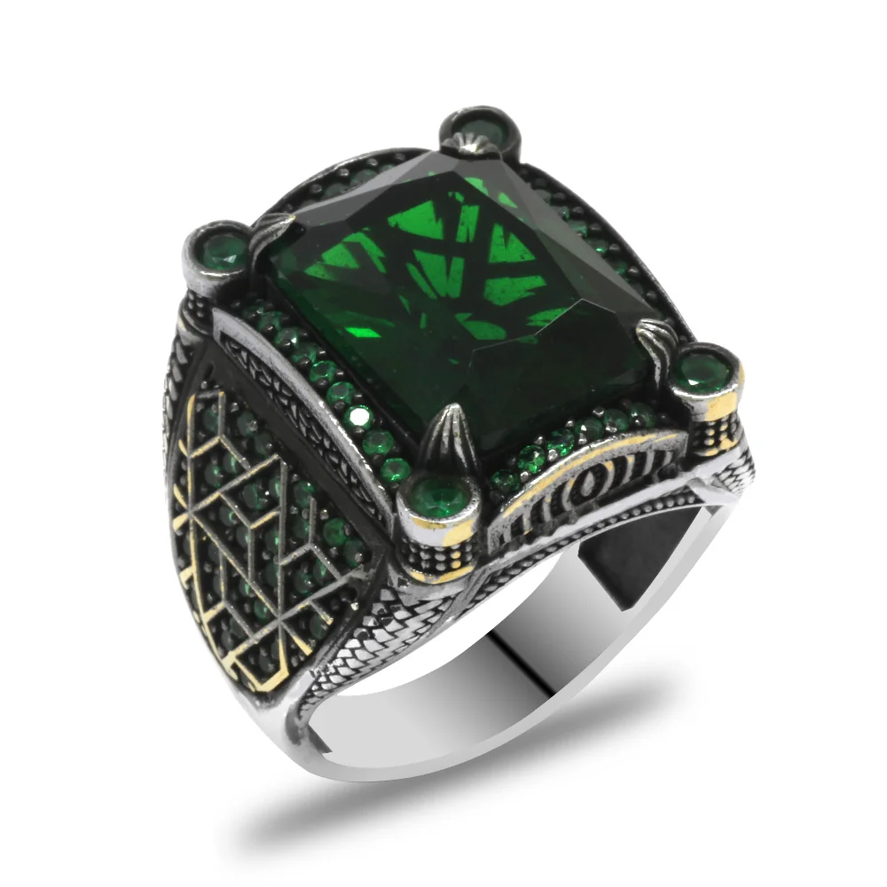  خاتم الفضة الاسترليني925 للرجال حجر الزركون الأخضر الفرنسي تصميم هندسي - 3