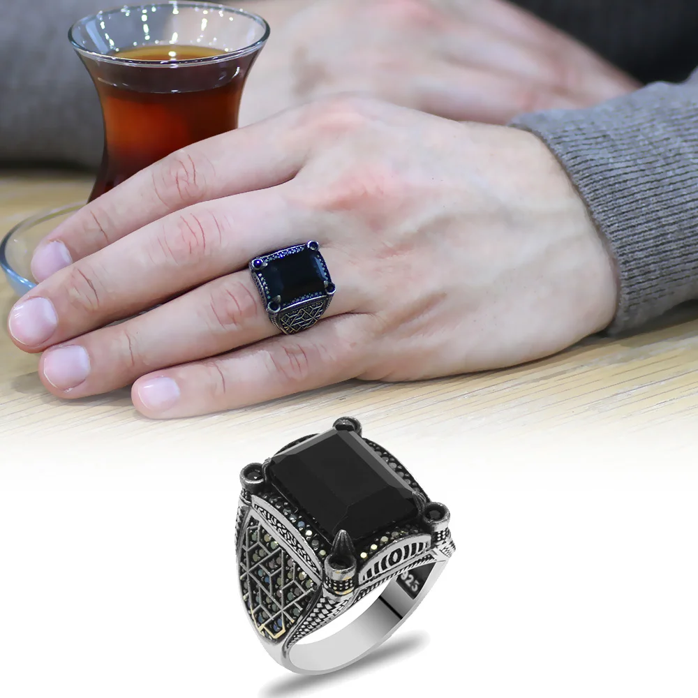  خاتم الفضة الاسترليني925 للرجال حجر الزركون الأسود الفرنسي تصميم هندسي - 1