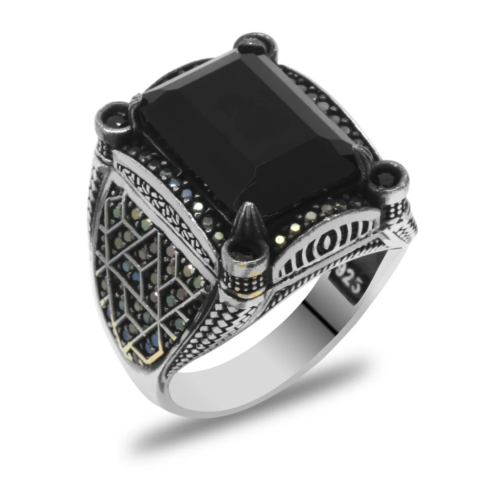  خاتم الفضة الاسترليني925 للرجال حجر الزركون الأسود الفرنسي تصميم هندسي - 3