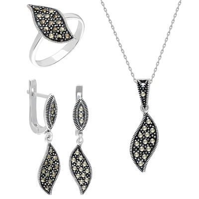 Zircon Leaf Design 925 Sterling Silver 3 Pcs Accessory Set - 1