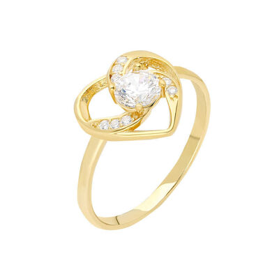 Zircon Solitaire Heart Design Gold Color 925 Sterling Silver Women Ring - 2