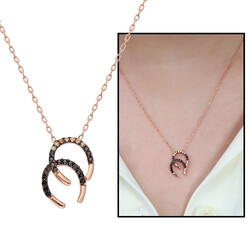 Zircon Stone Double Horseshoe Design Women 925 Sterling Silver Necklace - Thumbnail