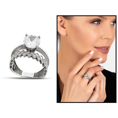 Zircon Stone Double Row Crown Design 925 Sterling Silver Women Solitaire Ring