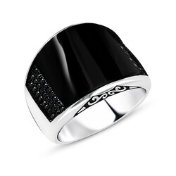 Zircon Stone Embroidered Black Convex Onyx Stone Mens Ring 925 Sterling Silver - Thumbnail