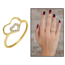 Zircon Stone Inner Heart Design Gold Color 925 Sterling Silver Women Ring - 1
