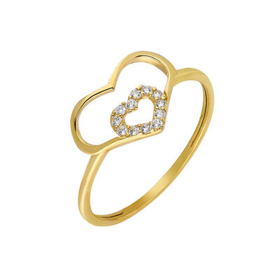 Zircon Stone Inner Heart Design Gold Color 925 Sterling Silver Women Ring - 2