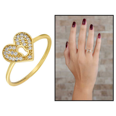 Zircon Stone Lock My Heart Design Gold Color 925 Sterling Silver Women Ring - 1