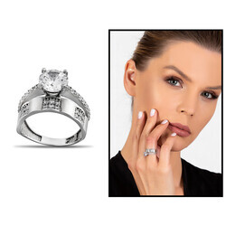 Zircon Stone Three Row Modern Design 925 Sterling Silver Women Solitaire Ring - Thumbnail