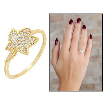 Zircon Stone Wild Flower Design Gold Color 925 Sterling Silver Ladies Ring - 1