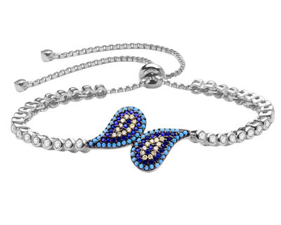 Zirconia Turquoise Evil Eye 925 Sterling Silver Women's Bracelet - 1