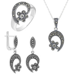 Zirkon Taşlı Çiçek Tasarım 925 Ayar Gümüş 3'lü Takı Seti - 3