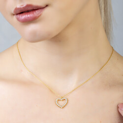 Zirkon Taşlı Kalp Tasarım Gold Renk 925 Ayar Gümüş Kadın Kolye - 4