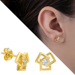Zirkon Taşlı Üçlü Kare Tasarım Gold Renk 925 Ayar Gümüş Küpe - 1